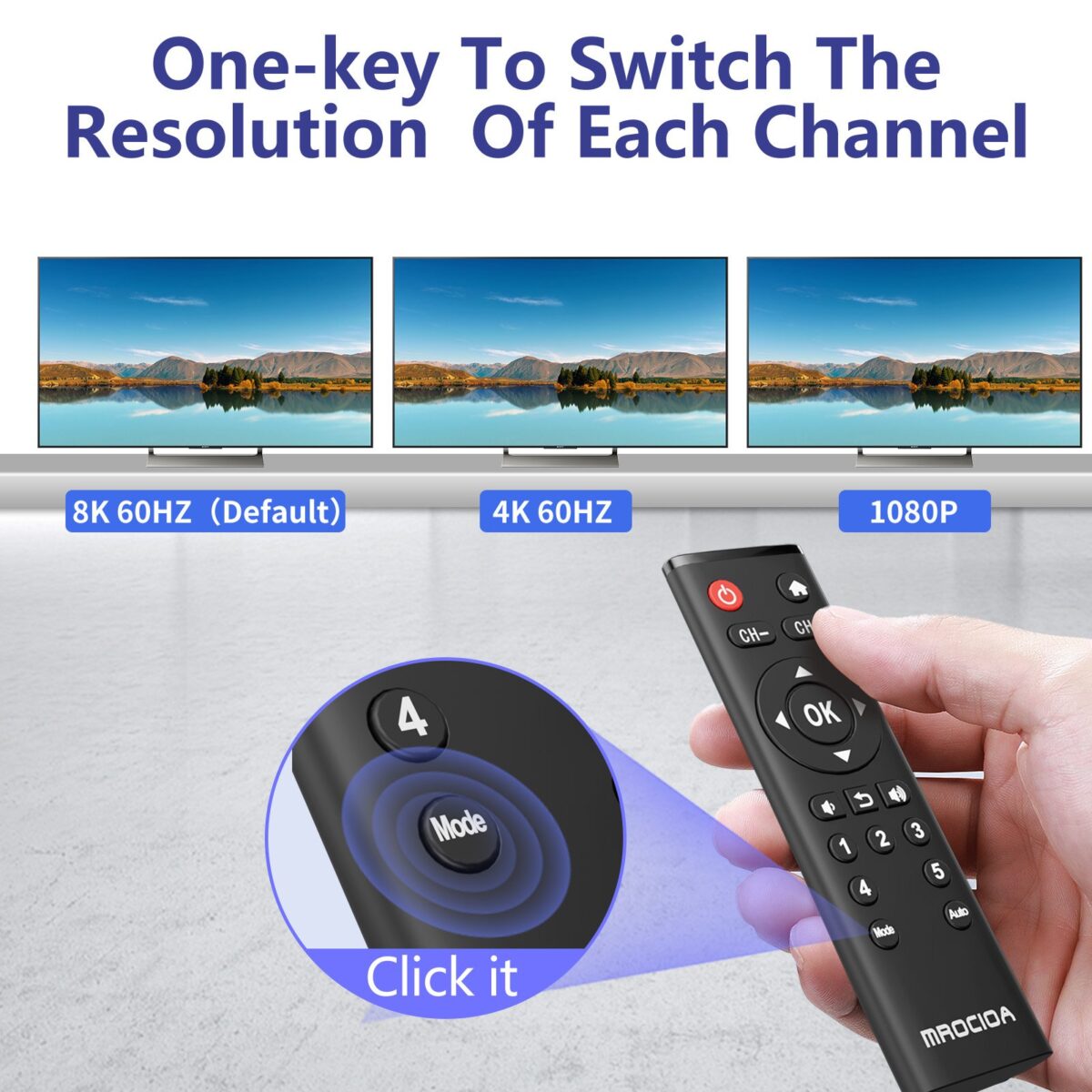 HDMI switch 4k 120hz resolution setting with MODE button: 8K 60Hz - 4K 60Hz - 1080P loop
