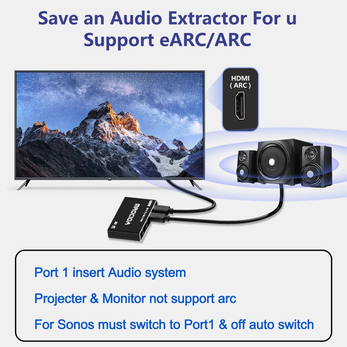 HDMI 2.1 switch 4k 120hz with ARC and eARC support for soundbars and AV receivers