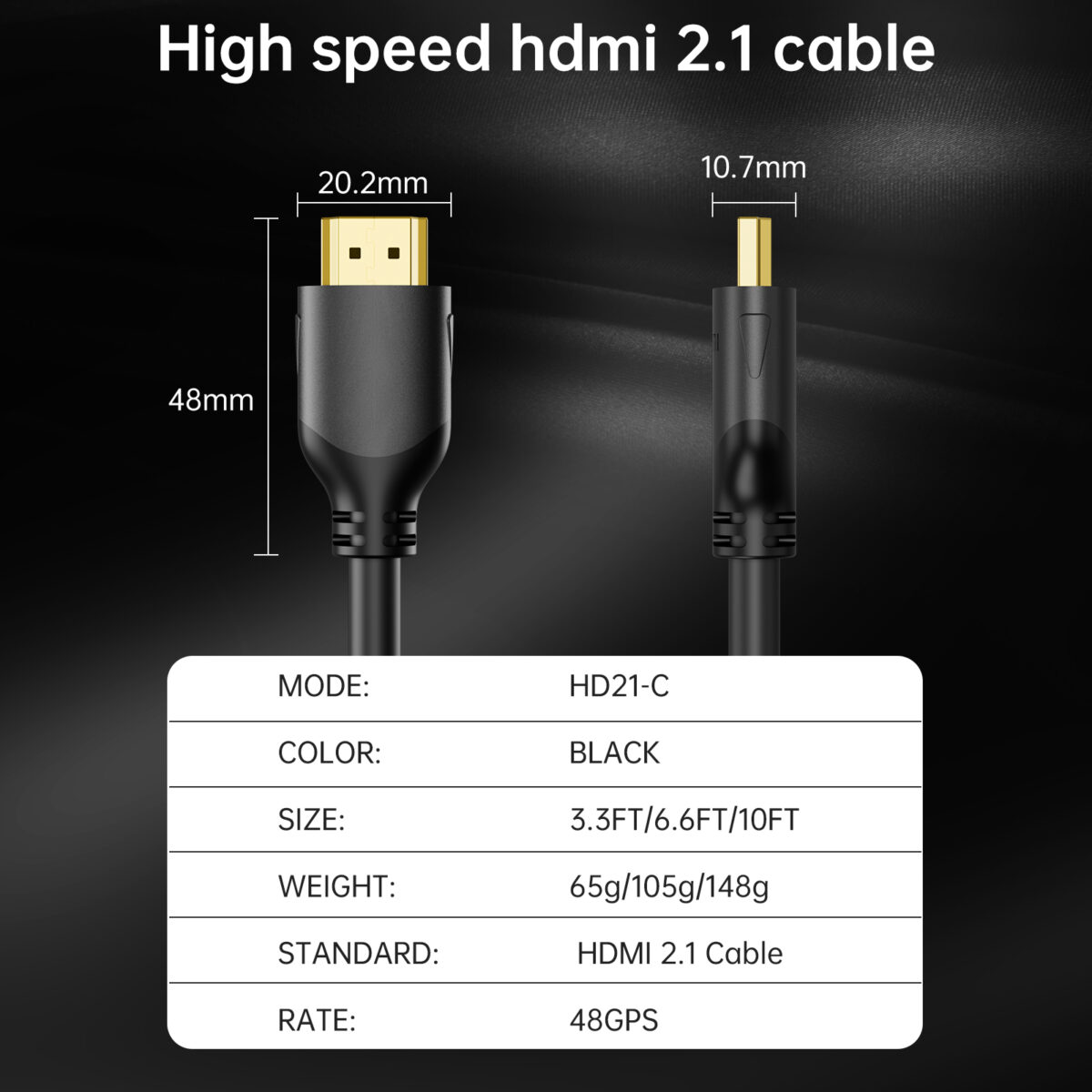 HDMI 2.1 Cable Dimensions, Supports 8K 60Hz & 4K 120Hz