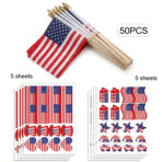 50 Pack Small American Flags 4x6 Inch Pre-Assembled with 160PCS Patriotic Face Stickers, Mini USA Flags on Wooden Stick for 4th of July Decorations, Parade, Memorial Day, Patriotic Celebrations